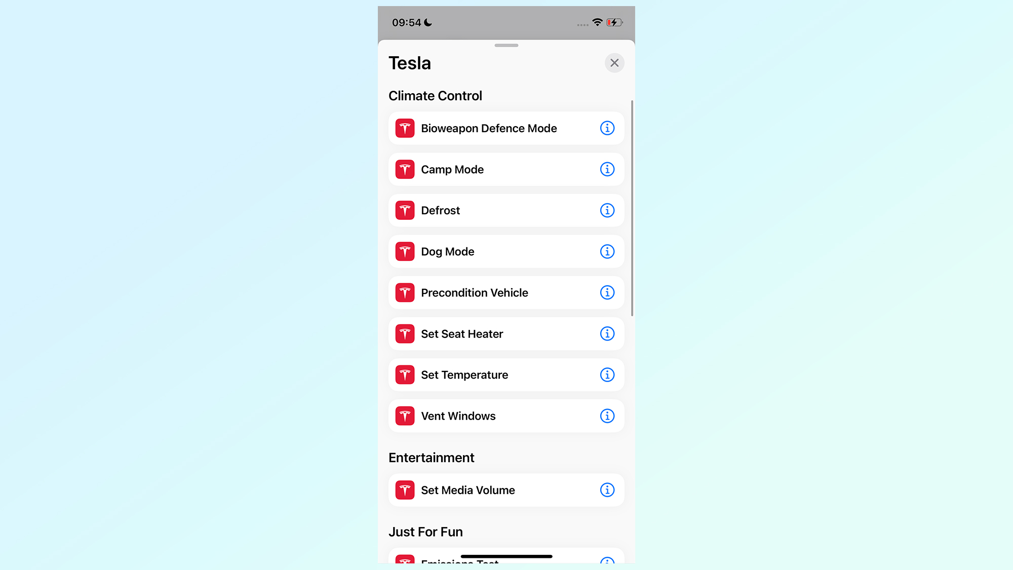 tesla options in ios shortcuts app