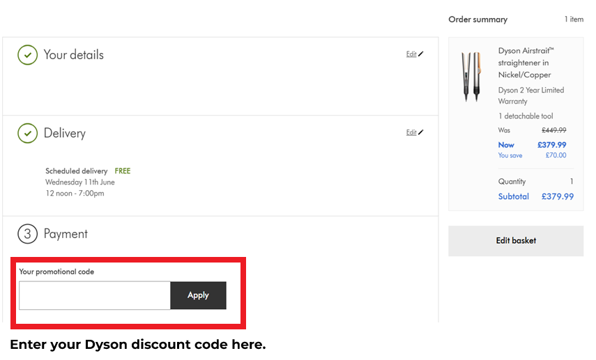 An instructional image of the Dyson checkout with a red box marking where a user can enter their Dyson discount code.
