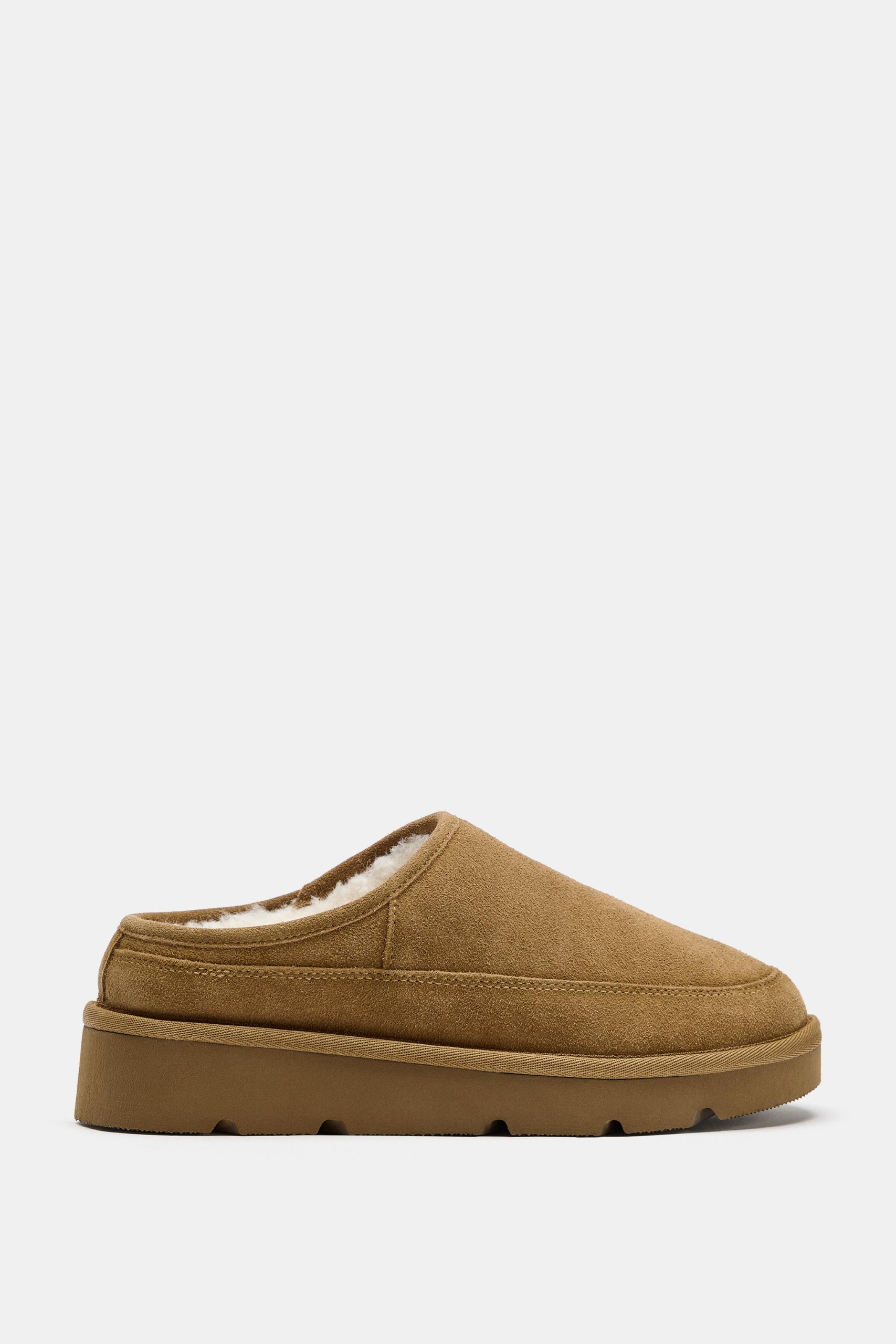 Faux Shearling Leather Mules - Brown - 5