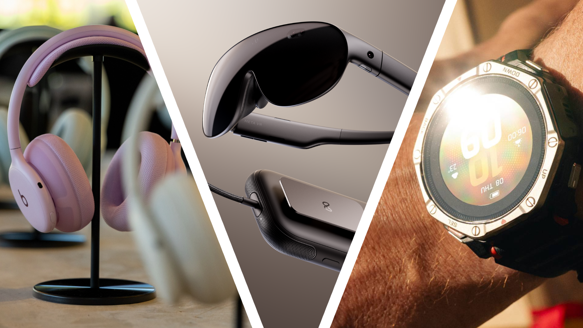 Meta VR Glasses an Amazfit smartwatch and Beats headphones
