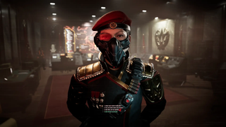 A CGI image of a member of the Tempest Rising with a metal gas mask dressed in military regalia.