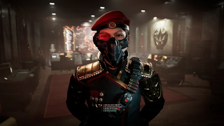 A CGI image of a member of the Tempest Rising with a metal gas mask dressed in military regalia.