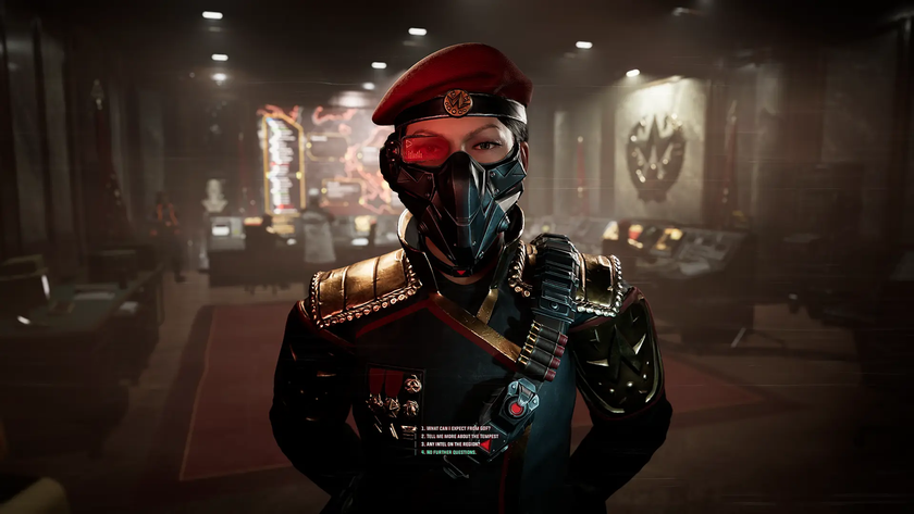 A CGI image of a member of the Tempest Rising with a metal gas mask dressed in military regalia.