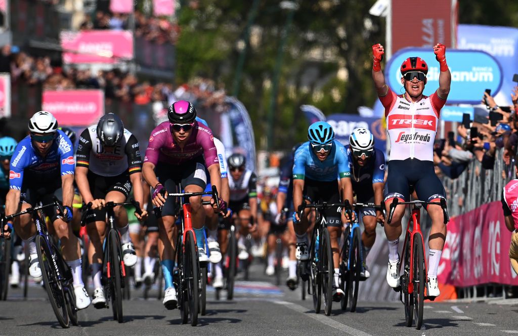 NAPLES ITALY MAY 11 Mads Pedersen of Denmark and Team Trek Segafredo celebrates at finish line as stage winner ahead of Pascal Ackermann of Germany and UAE Team Emirates Jonathan Milan of Italy and Team Bahrain Victorious Purple Points Jersey and Fernando Gaviria of Colombia and Movistar Team during the 106th Giro dItalia 2023 Stage 6 a 162km stage from Naples to Naples UCIWT on May 11 2023 in Naples Italy Photo by Tim de WaeleGetty Images