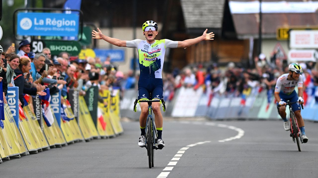 CRESTVOLAND FRANCE JUNE 09 Georg Zimmermann of Germany and Team Intermarch Circus Wanty celebrates at finish line as stage winner during the 75th Criterium du Dauphine 2023 Stage 6 a 1702km stage from Nantua to CrestVoland 1218m UCIWT on June 09 2023 in CrestVoland France Photo by Dario BelingheriGetty Images