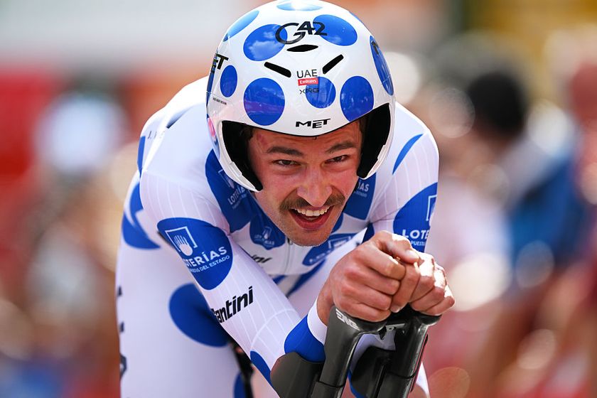 SPAIN - SEPTEMBER 11: Jay Vine of Australia and UAE Team Emirates - XRG - Polka Dot Mountain Jersey crosses the finish line during the La Vuelta - 80th Tour of Spain 2025, Stage 18 a 12.2km individual time trial stage from Valladolid to Valladolid / Stage shortened for safety reasons / #UCIWT / on September 11, 2025 in Valladolid, Spain. (Photo by Dario Belingheri/Getty Images)