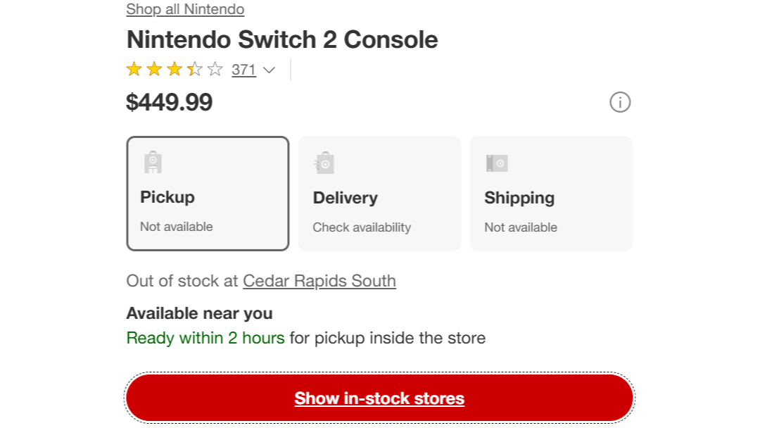 Target Switch 2 stock