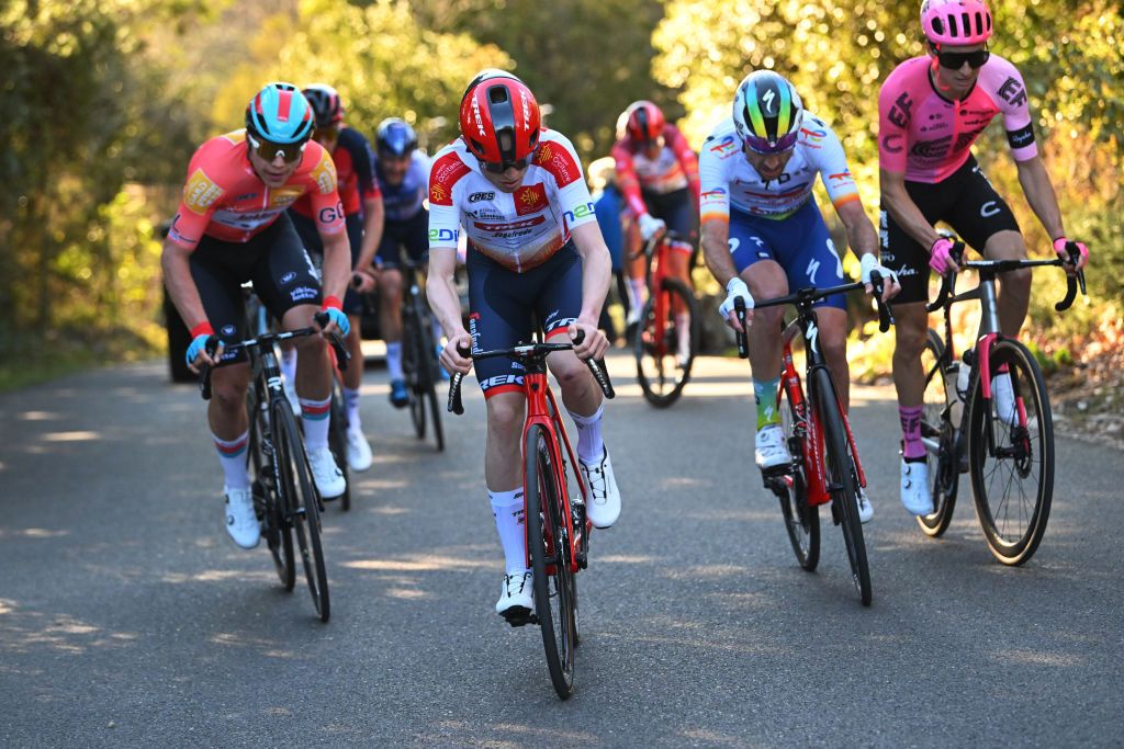BROUZET LES ALES FRANCE FEBRUARY 04 Mattias Skjelmose of Denmark and Team TrekSegafredo White Best Young Rider Jersey attacks C during the 53rd Etoile de Besseges Tour Du Gard 2023 Stage 4 a 1475km stage from SaintChristolLzAls to Le Mont Bouquet Brouzet ls Als 616m EDB2021 on February 04 2023 in SaintChristolLzAls France Photo by Luc ClaessenGetty Images