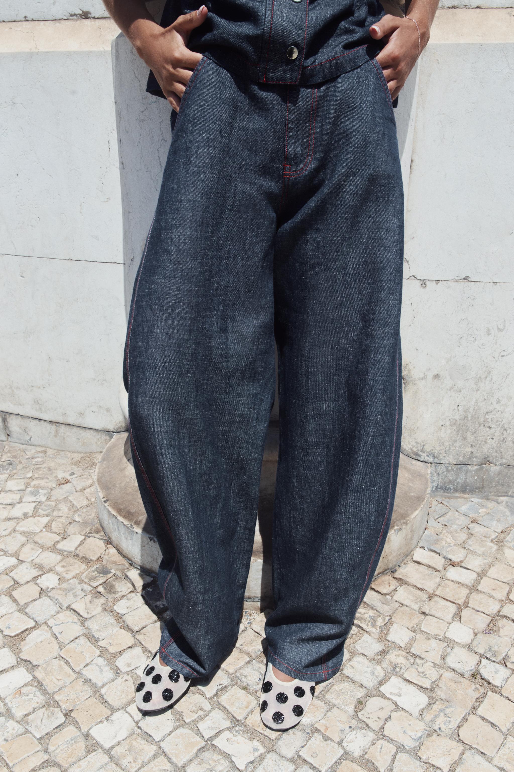 Barrel Trousers With Linen Blend and Contrast Stitching - Indigo - 4