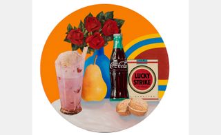 bright pop art image of food, flowers and lucky strike cigarettes