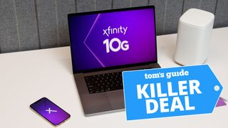 A laptop and mobile phone displaying the Comcast Xfinity 10G logo