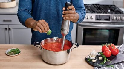 Best immersion blender - a lifestyle image of the Vitamix Immersion Blender making pasta sauce
