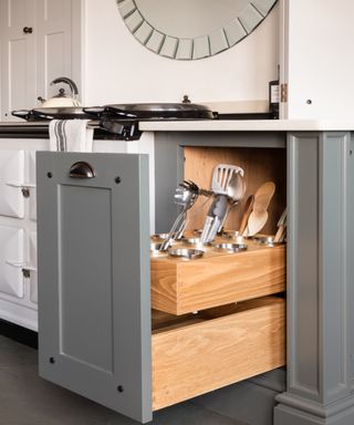 Pull out kitchen drawers with utensils behind gray door