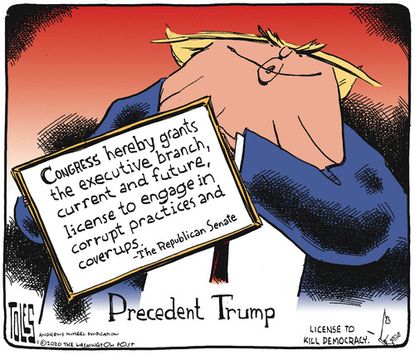 Political Cartoon U.S. Trump impeachment trial executive branch congress corruption