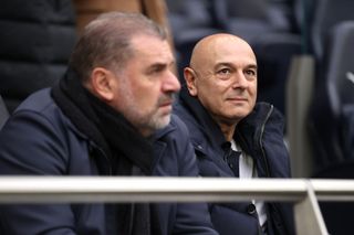 LONDON, ENGLAND - DECEMBER 16: Daniel Levy, chairman of Tottenham Hotspur (R) and Tottenham Hotspur Men's Manager, Ange Postecoglou, spectate the Barclays Women´s Super League match between Tottenham Hotspur and Arsenal FC at Tottenham Hotspur Stadium on December 16, 2023 in London, England. (Photo by Alex Pantling - The FA/The FA via Getty Images)