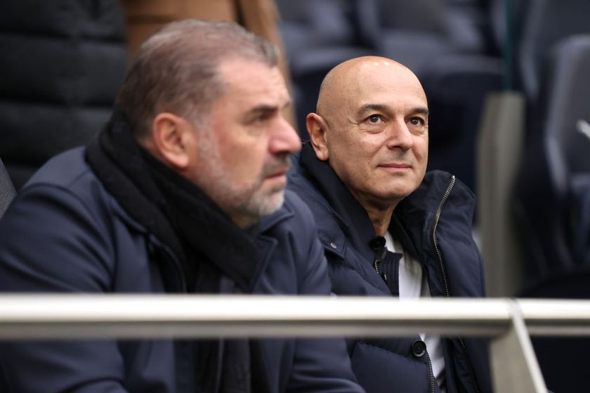 LONDON, ENGLAND - DECEMBER 16: Daniel Levy, chairman of Tottenham Hotspur (R) and Tottenham Hotspur Men&#039;s Manager, Ange Postecoglou, spectate the Barclays Women´s Super League match between Tottenham Hotspur and Arsenal FC at Tottenham Hotspur Stadium on December 16, 2023 in London, England. (Photo by Alex Pantling - The FA/The FA via Getty Images)