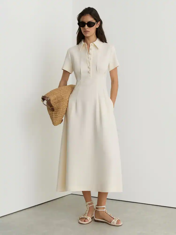 reiss, Button-Neck Short-Sleeve Midi Dress
