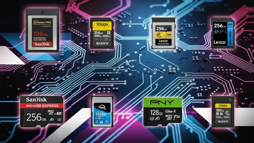 Memory cards on a neon-lit tech circuit board background 