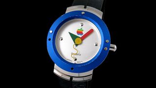 Analogue watch with rainbow Apple logo and electric blue rim