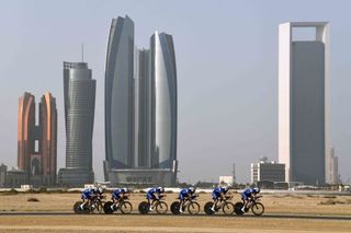 ABU DABI UNITED ARAB EMIRATES FEBRUARY 24 Elia Viviani of Italy and Team DeceuninckQuickStep Dries Devenyns of Belgium and Team DeceuninckQuickStep Remco Evenepoel of Belgium and Team DeceuninckQuickStep Mikkel Frolich Honore of Denmark and Team DeceuninckQuickStep James Knox of Great Britain and Team DeceuninckQuickStep Michael Morkov of Denmark and Team DeceuninckQuickStep Fabio Sabatini of Italy and Team DeceuninckQuickStep during the 5th UAE Tour 2019 Stage 1 a 16km Team Time Trial Stage from Al Hudayriat Island to Al Hudayriat Island Skyline Landscape TTT UAETour on February 24 2019 in Al Hudayriat IslandAbu Dabi United Arab Emirates Photo by Justin SetterfieldGetty Images