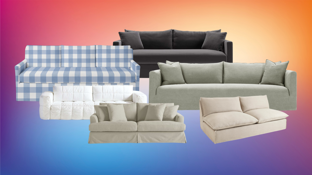 slipcover sofas on a colorful background