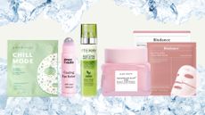 A collage of beauty products our team are keeping in the fridge ready for the heatwave, including products from Patchology, grace&stella, By Terry, Glow Recipe and Biodance/ on a cream background with ice overlays