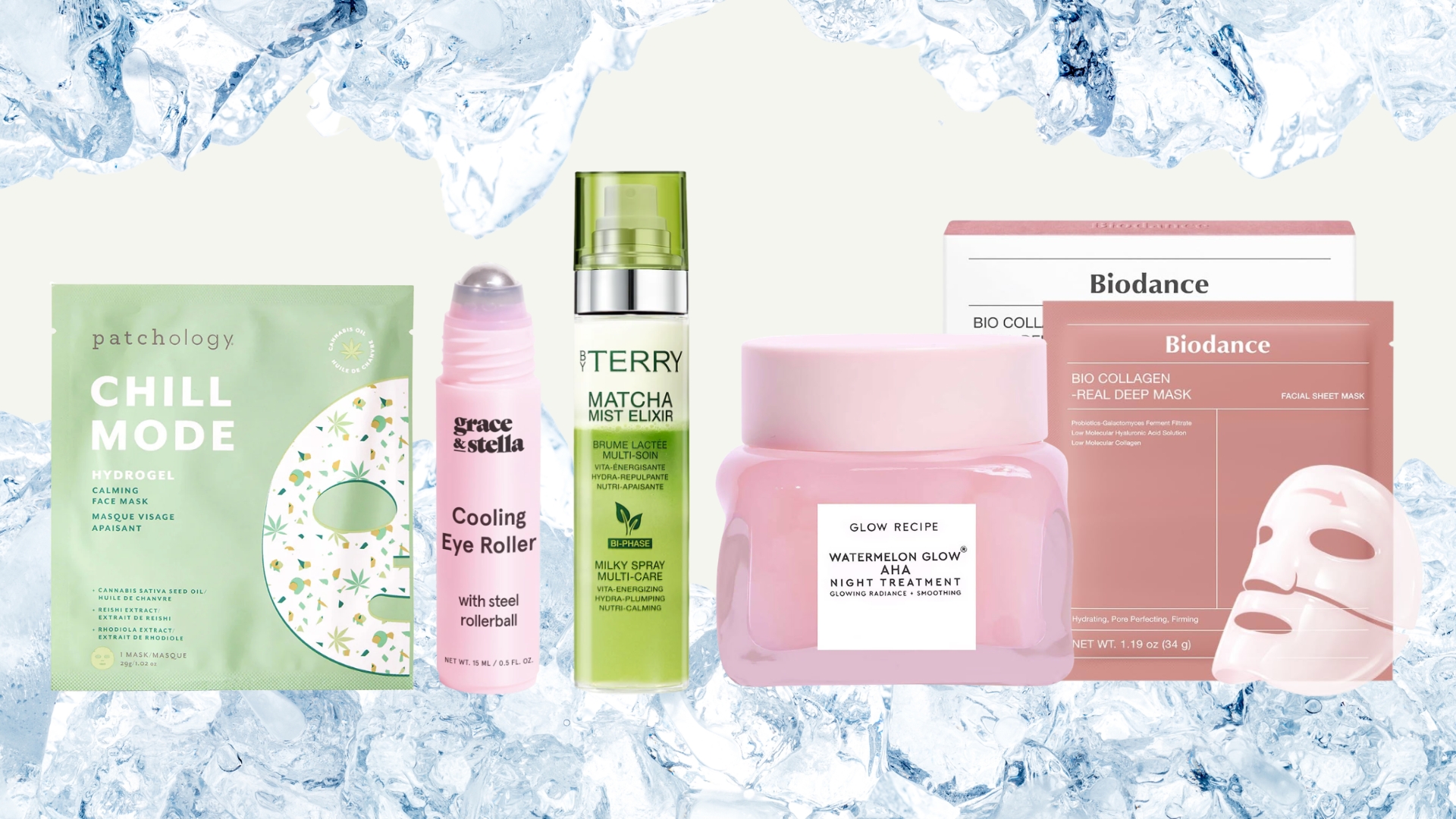 A collage of beauty products our team are keeping in the fridge ready for the heatwave, including products from Patchology, grace&amp;stella, By Terry, Glow Recipe and Biodance/ on a cream background with ice overlays