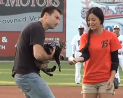 'Hero cat' throws out the first pitch in the laziest way possible