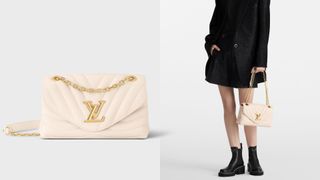 composite of model holding New Wave MM Chain Bag in ivory and flat image