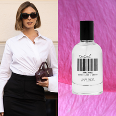 woman with bob haircut, sunglasses, and white button down shirt with perfume bottles overlaid on close-up of rose petal background