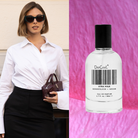 woman with bob haircut, sunglasses, and white button down shirt with perfume bottles overlaid on close-up of rose petal background