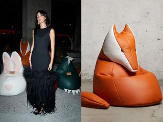 :eft: Bruna Marquezine at Bottega Veneta's Spring 2025 RTW show; Right: Bottega Veneta "fox" beanbag chair first seen that the house's Spring 2025 RTW show