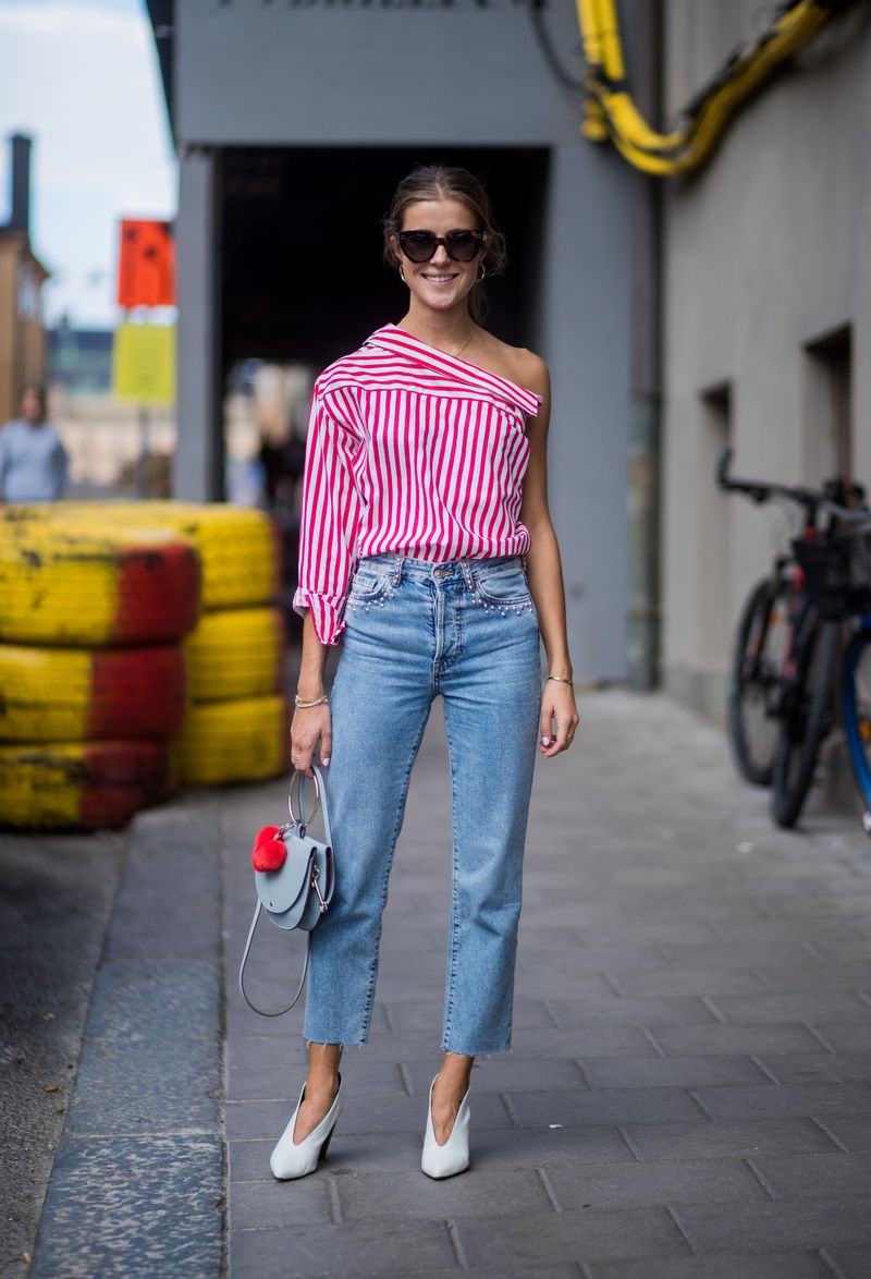 A One-Shoulder Striped Top and Ankle Cropped Jeans