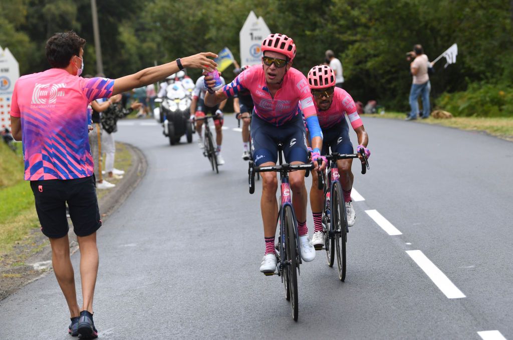 CANTAL FRANCE SEPTEMBER 11 Hugh Carthy of The United Kingdom and Team EF Pro Cycling Daniel Felipe Martinez Poveda of Colombia and Team EF Pro Cycling Feed Zone Soigneur during the 107th Tour de France 2020 Stage 13 a 1915km stage from ChtelGuyon to Pas de PeyrolLe Puy Mary Cantal 1589m TDF2020 LeTour on September 11 2020 in Cantal France Photo by Tim de WaeleGetty Images