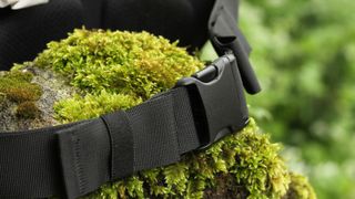 Close up of clip and waistband of cycling hip pack on mossy stone