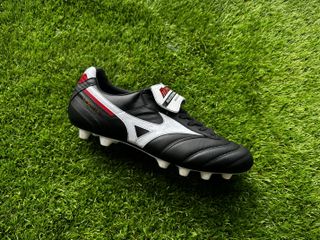 Mizuno Morelia 2 Made in Japan black and white football boots shot on green astro turf