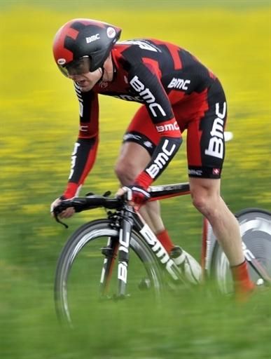 Cadel Evans (BMC) stands up for a little extra power.