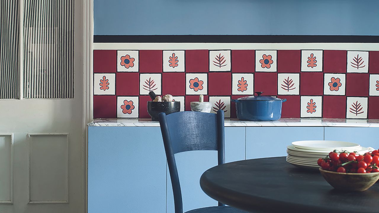 Annie Sloan blue kitchen with matching colour on walls.