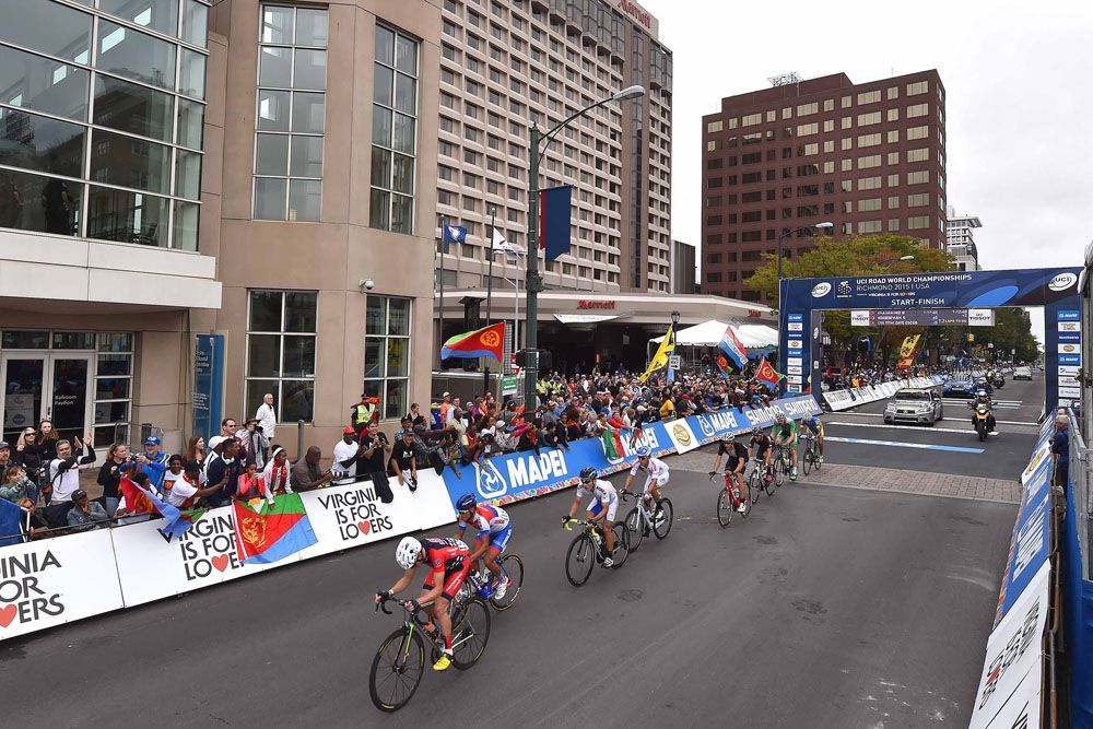Passing through the finish for one of 16 laps
