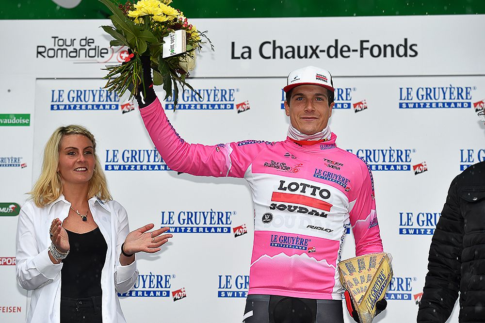 Louis Vervaeke in pink following the prologue at the Tour de Romandie