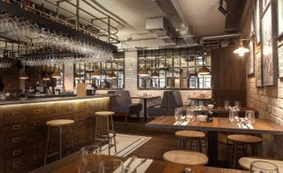 Bar area in Canto Corvino restaurant — London, UK