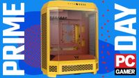 The yellow version of the Thermaltake Tower 600 PC case floats in the funky PCG Prime Day void.