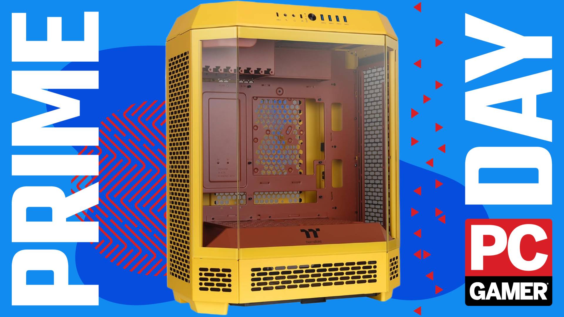 The yellow version of the Thermaltake Tower 600 PC case floats in the funky PCG Prime Day void.