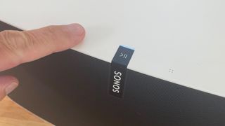 Sonos Play;5 touch controls with reviewer's finger place on top of unit