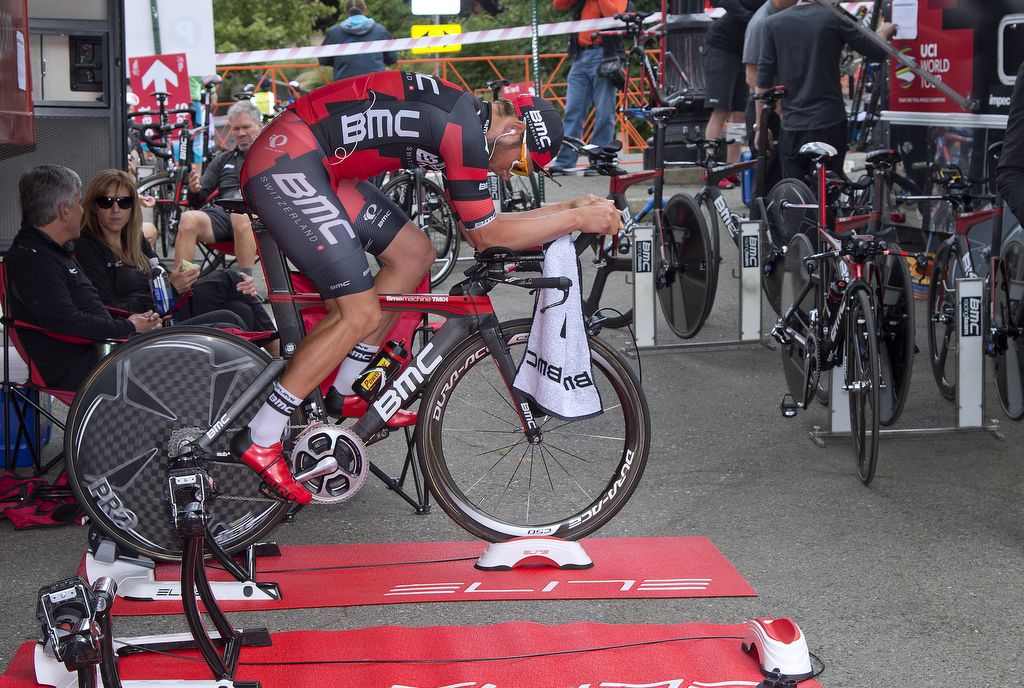 Jempy Drucker warms up outside the BMC team bus