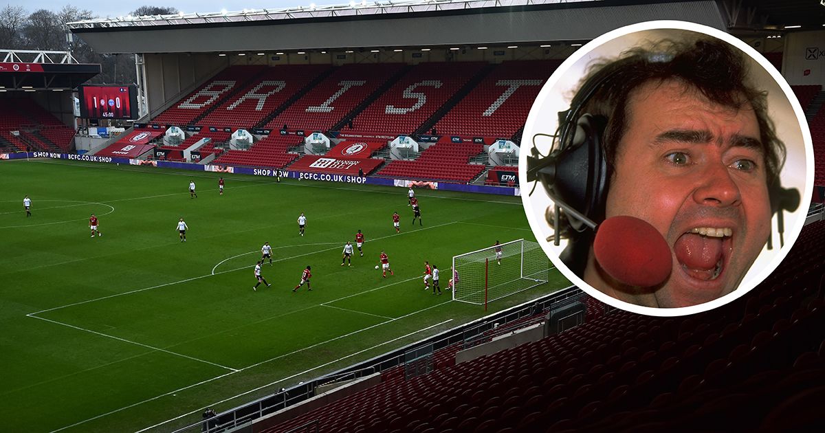 A general view of play as Callum Johnson of Portsmouth scores their side&#039;s first goal during the FA Cup Third Round match between Bristol City and Portsmouth at Ashton Gate Stadium on January 10, 2021 in Bristol, England. Sporting stadiums around England remain under strict restrictions due to the Coronavirus Pandemic as Government social distancing laws prohibit fans inside venues resulting in games being played behind closed doors