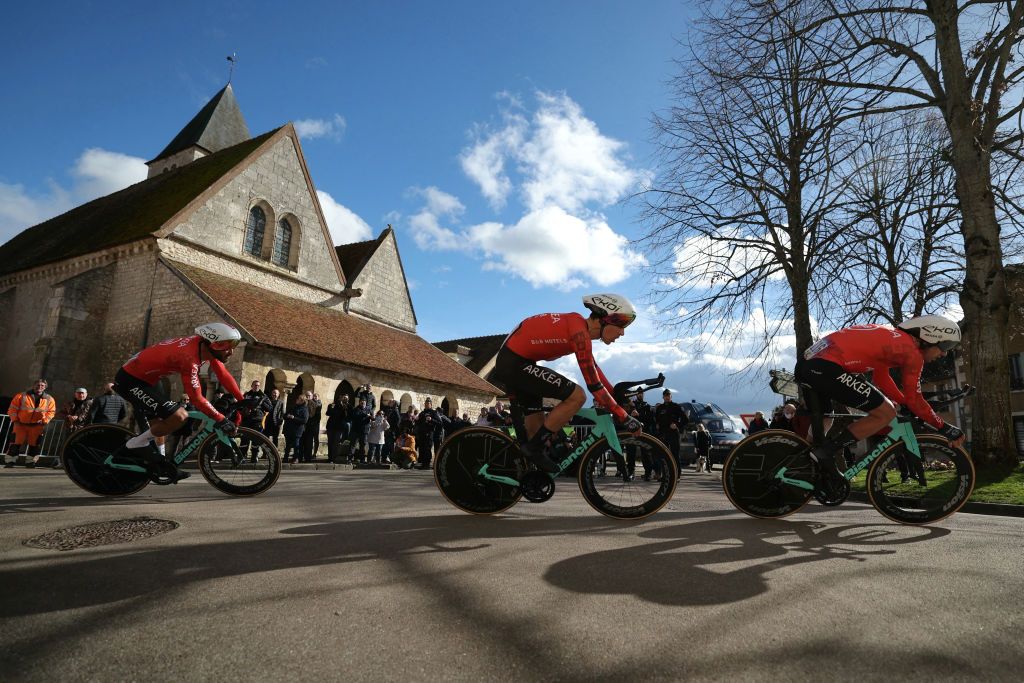 Arkea-B&amp;B Hotels' team competes during the 3rd stage of the Paris-Nice cycling race, 26,9 km team time trial between Auxerre and Auxerre, on March 5, 2024. (Photo by Thomas SAMSON / AFP)