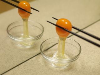 Two egg yolks are delicately suspended between pincer-like chopsticks, mimicking a hanging kumquat and testing our sensory perception