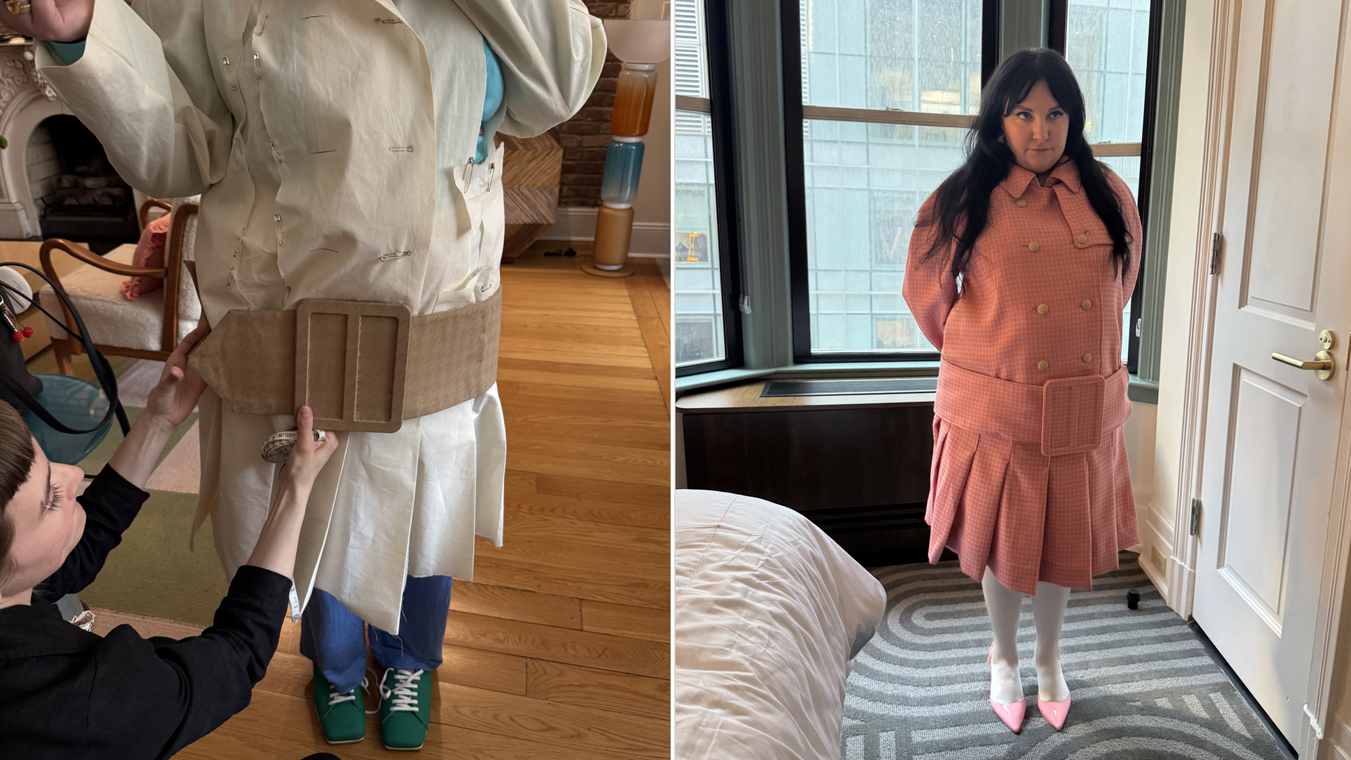 Lena Dunham getting a custom dress made; Lena Dunham wearing a pink belted trench dress