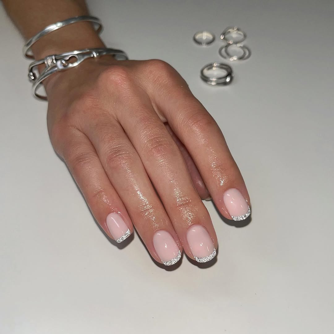silver glitter tips manicure